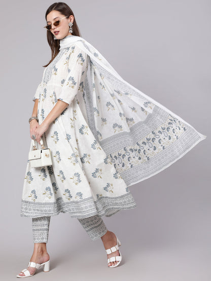 Women Grey Printed Flared Kurta With Trouser & Dupatta | LASVINI - Redefining Indian Fashion with Elegance