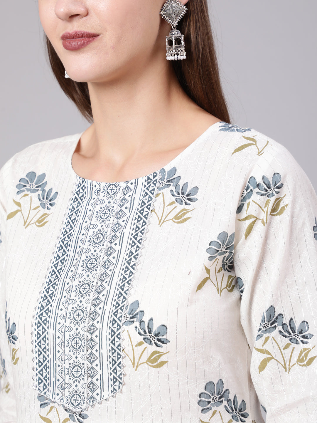 Women Grey Printed Flared Kurta With Trouser & Dupatta | LASVINI - Redefining Indian Fashion with Elegance