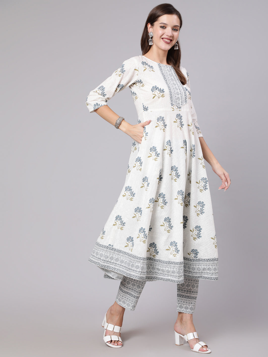 Women Grey Printed Flared Kurta With Trouser & Dupatta | LASVINI - Redefining Indian Fashion with Elegance