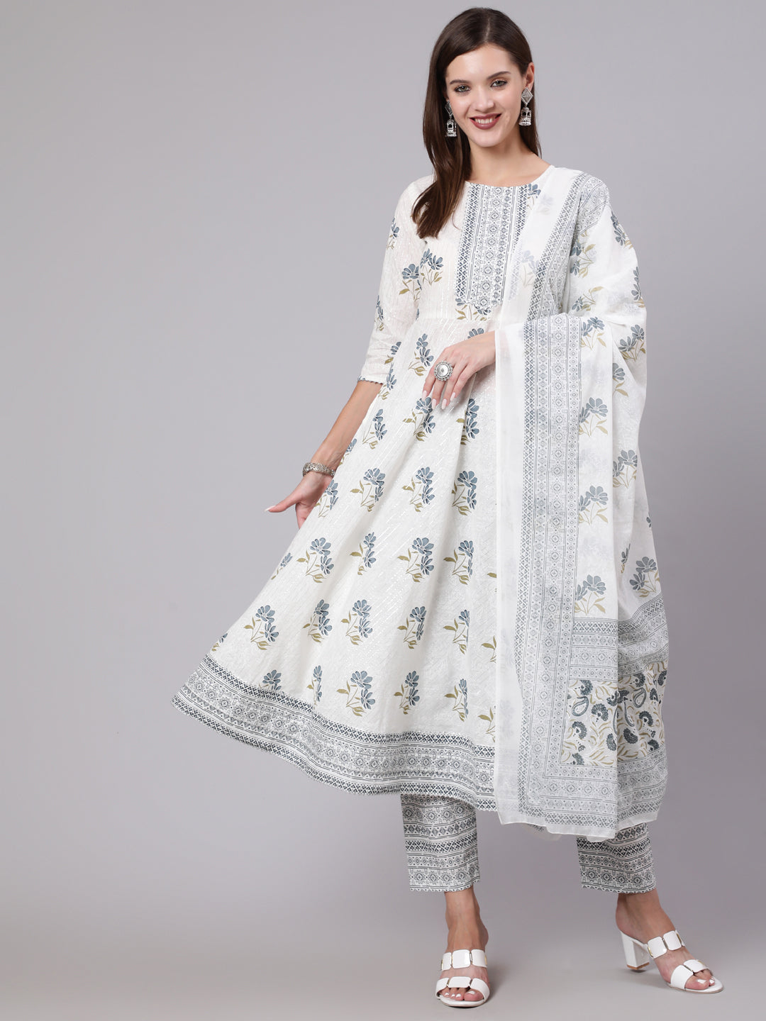 Women Grey Printed Flared Kurta With Trouser & Dupatta | LASVINI - Redefining Indian Fashion with Elegance