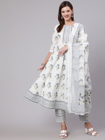Women Grey Printed Flared Kurta With Trouser & Dupatta | LASVINI - Redefining Indian Fashion with Elegance