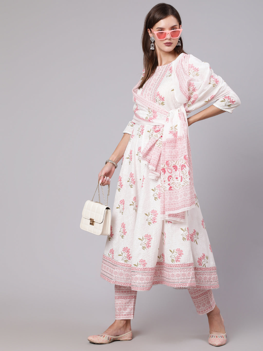 Women Pink Printed Flared Kurta With Trouser & Dupatta | LASVINI - Redefining Indian Fashion with Elegance