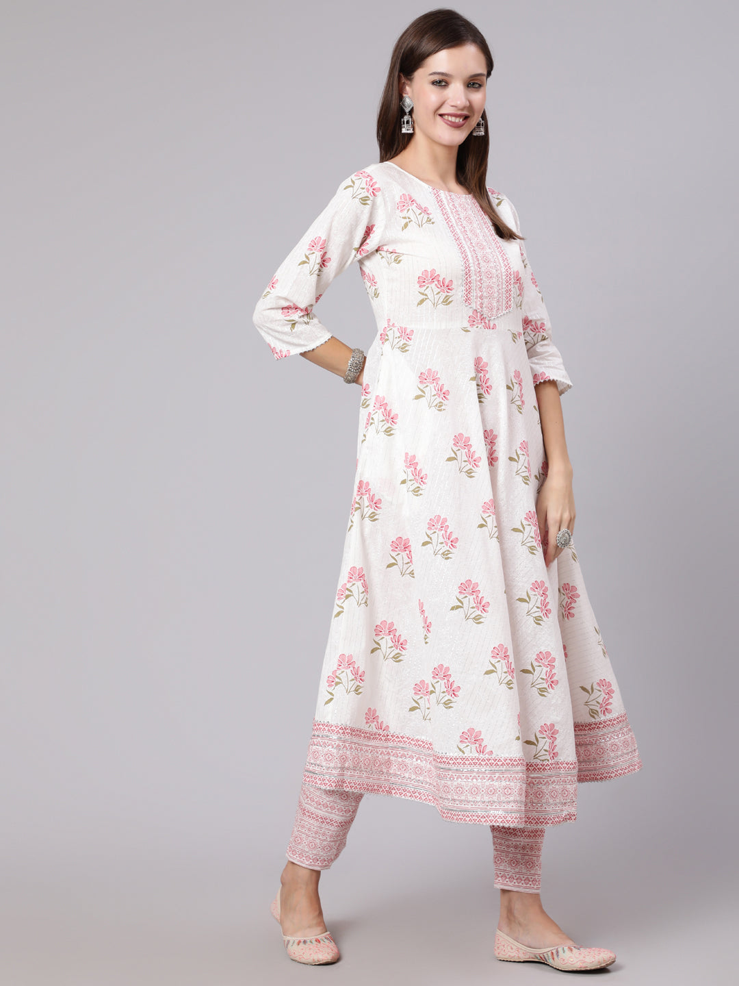 Women Pink Printed Flared Kurta With Trouser & Dupatta | LASVINI - Redefining Indian Fashion with Elegance