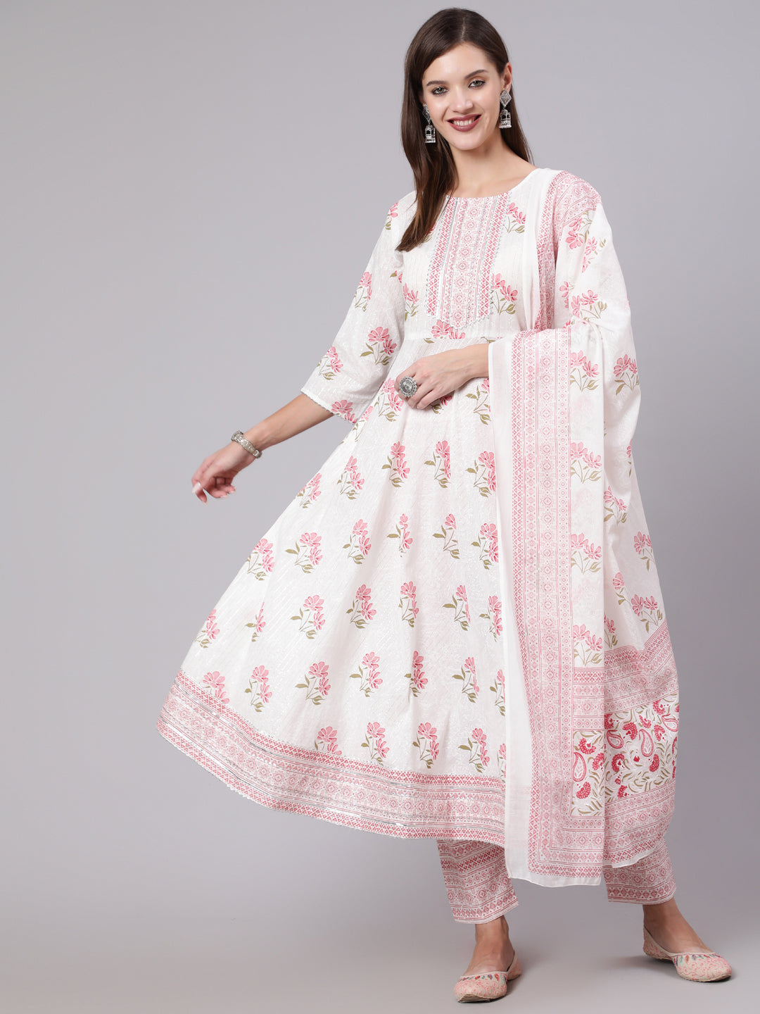Women Pink Printed Flared Kurta With Trouser & Dupatta | LASVINI - Redefining Indian Fashion with Elegance