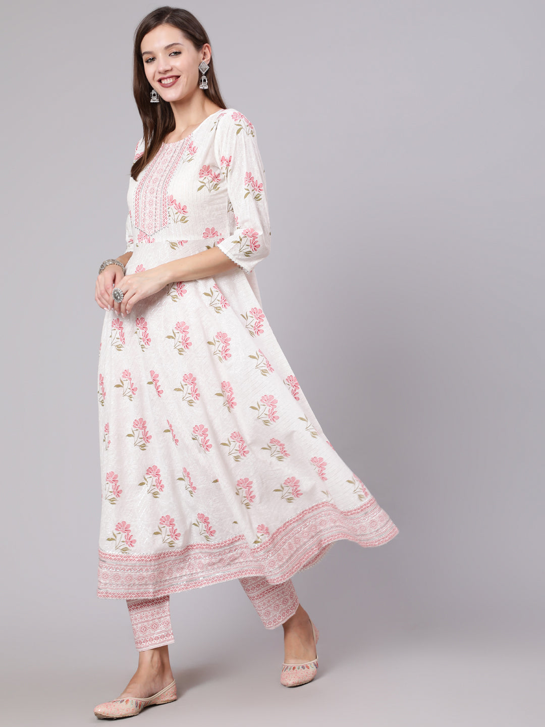 Women Pink Printed Flared Kurta With Trouser & Dupatta | LASVINI - Redefining Indian Fashion with Elegance