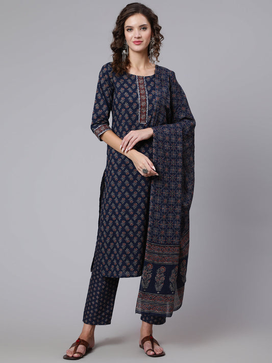 Women Blue Ethnic Printed Kurta With Trouser And Dupatta | LASVINI - Redefining Indian Fashion with Elegance