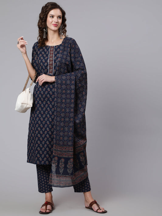 Women Blue Ethnic Printed Kurta With Trouser And Dupatta | LASVINI - Redefining Indian Fashion with Elegance
