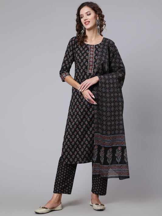Women Black Ethnic Printed Kurta With Trouser And Dupatta | LASVINI - Redefining Indian Fashion with Elegance