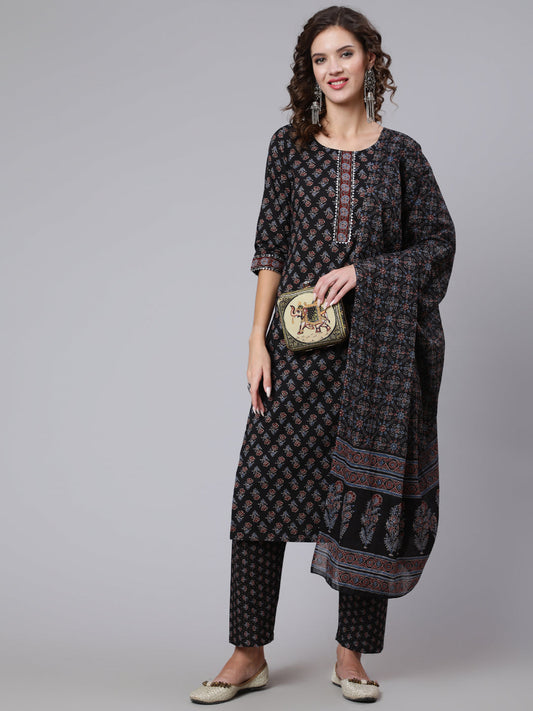 Women Black Ethnic Printed Kurta With Trouser And Dupatta | LASVINI - Redefining Indian Fashion with Elegance