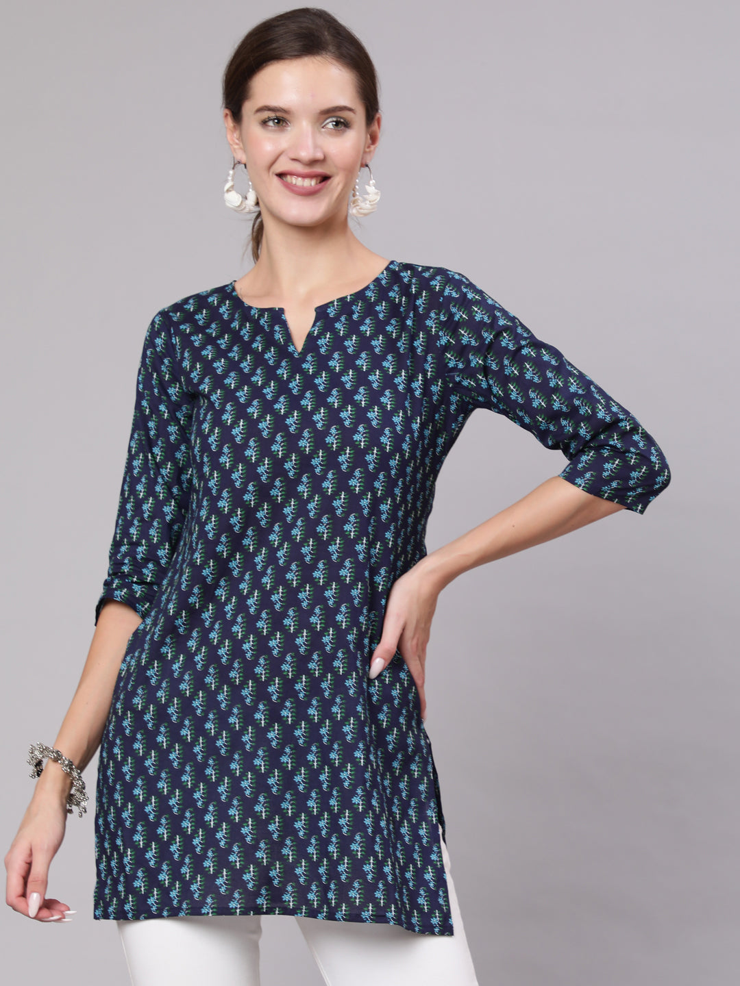 Navy Blue & White Printed Tunic | LASVINI - Redefining Indian Fashion with Elegance