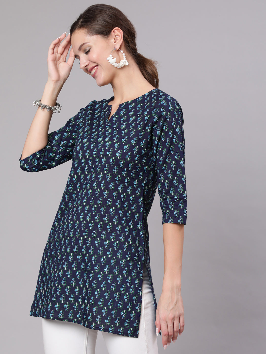 Navy Blue & White Printed Tunic | LASVINI - Redefining Indian Fashion with Elegance