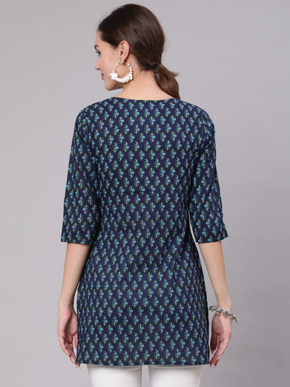 Navy Blue & White Printed Tunic | LASVINI - Redefining Indian Fashion with Elegance