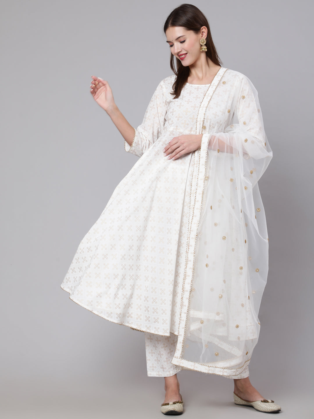 Women Off White Flared Kurta With Trouser & Dupatta | LASVINI - Redefining Indian Fashion with Elegance