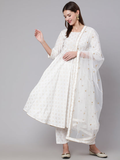 Women Off White Flared Kurta With Trouser & Dupatta | LASVINI - Redefining Indian Fashion with Elegance