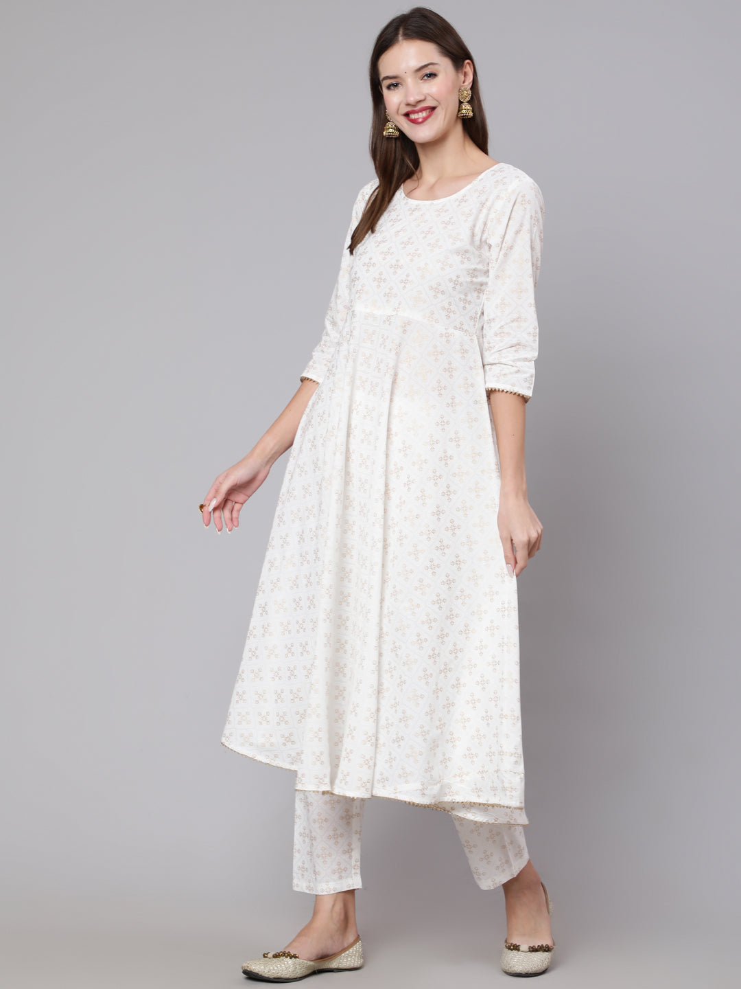 Women Off White Flared Kurta With Trouser & Dupatta | LASVINI - Redefining Indian Fashion with Elegance