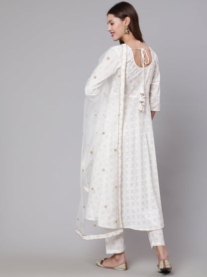 Women Off White Flared Kurta With Trouser & Dupatta | LASVINI - Redefining Indian Fashion with Elegance