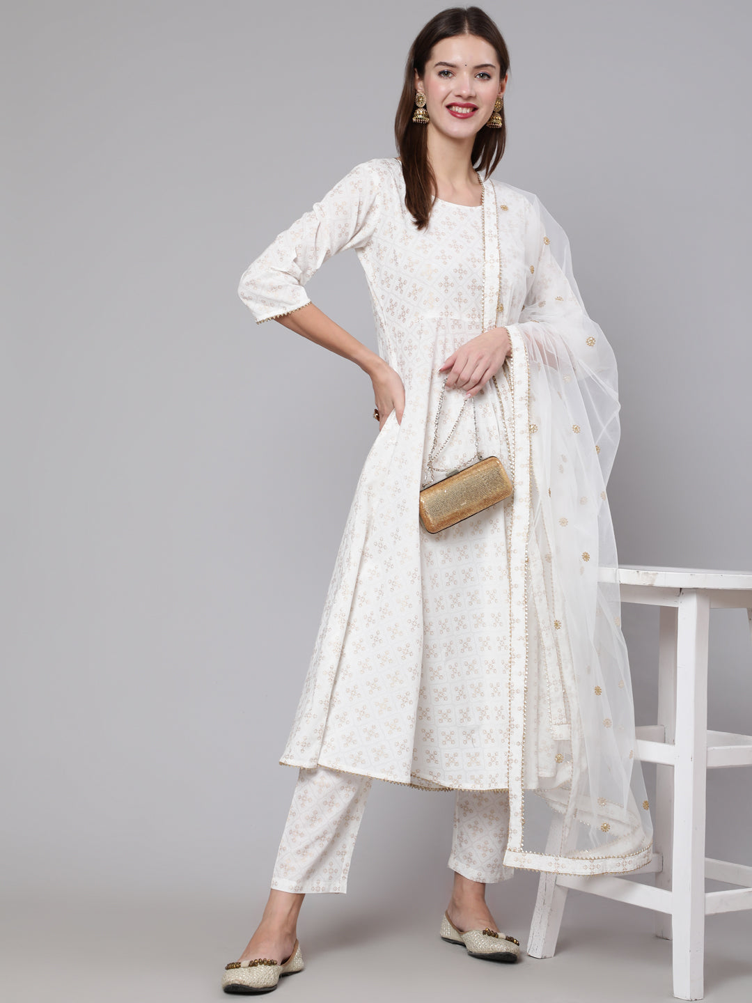 Women Off White Flared Kurta With Trouser & Dupatta | LASVINI - Redefining Indian Fashion with Elegance