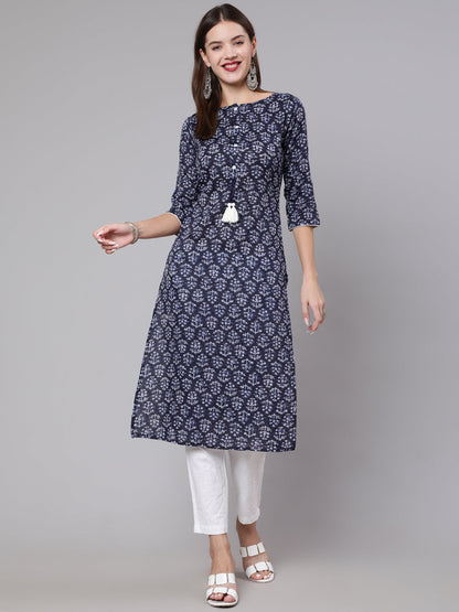 Women Navy Blue Printed Straight Kurta With Three Quarter Sleeves | LASVINI - Redefining Indian Fashion with Elegance