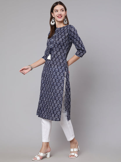 Women Navy Blue Printed Straight Kurta With Three Quarter Sleeves | LASVINI - Redefining Indian Fashion with Elegance
