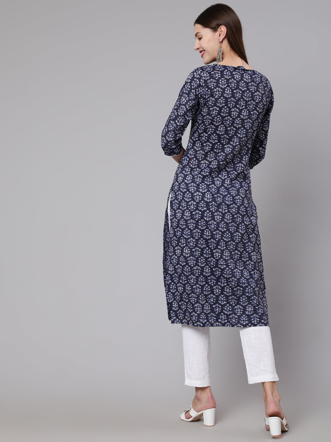 Women Navy Blue Printed Straight Kurta With Three Quarter Sleeves | LASVINI - Redefining Indian Fashion with Elegance