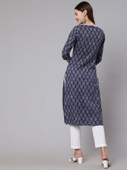 Women Navy Blue Printed Straight Kurta With Three Quarter Sleeves | LASVINI - Redefining Indian Fashion with Elegance