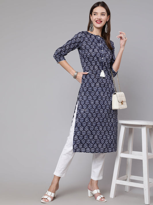 Women Navy Blue Printed Straight Kurta With Three Quarter Sleeves | LASVINI - Redefining Indian Fashion with Elegance
