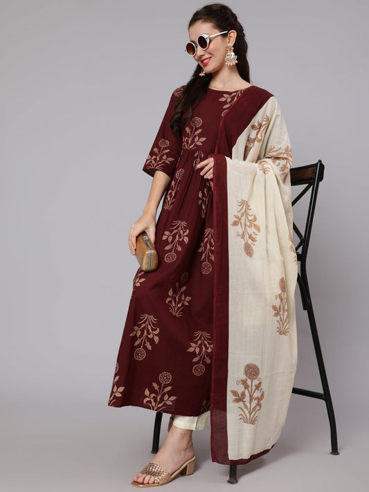 Women Brown Ethnic Printed Kurta With Palazzo And Dupatta | LASVINI - Redefining Indian Fashion with Elegance