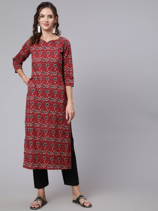 Women Maroon Ethnic Printed Straight Kurta With Three Quarter Sleeves | LASVINI - Redefining Indian Fashion with Elegance