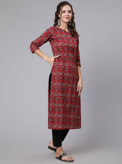 Women Maroon Ethnic Printed Straight Kurta With Three Quarter Sleeves | LASVINI - Redefining Indian Fashion with Elegance