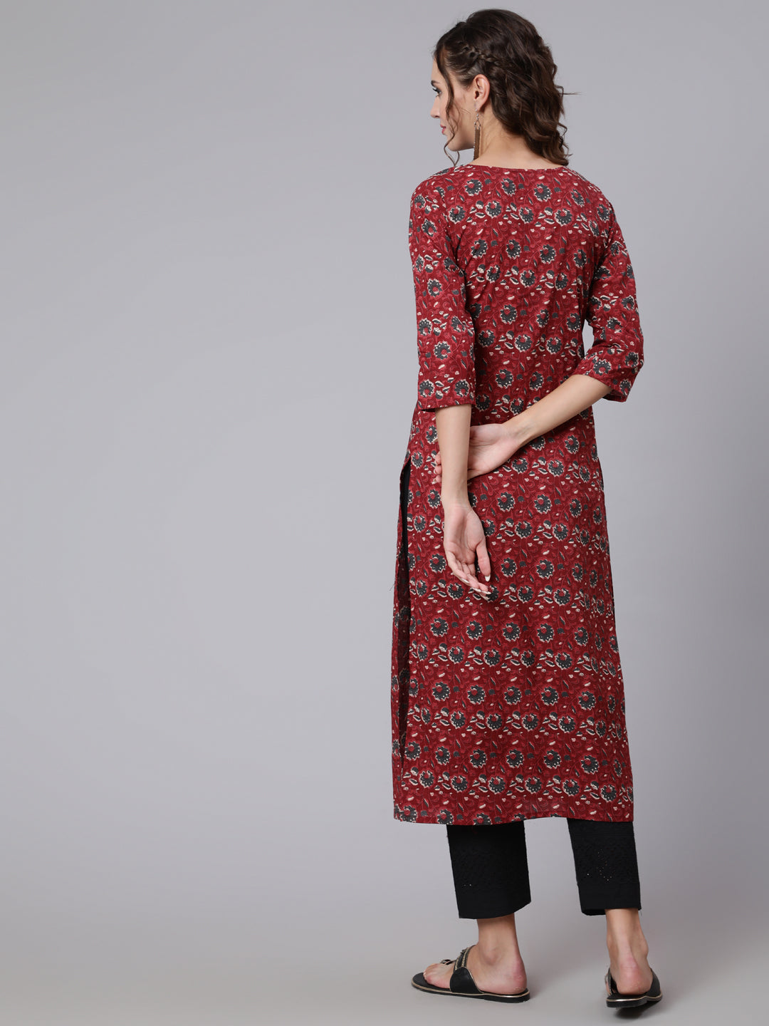 Women Maroon Ethnic Printed Straight Kurta With Three Quarter Sleeves | LASVINI - Redefining Indian Fashion with Elegance