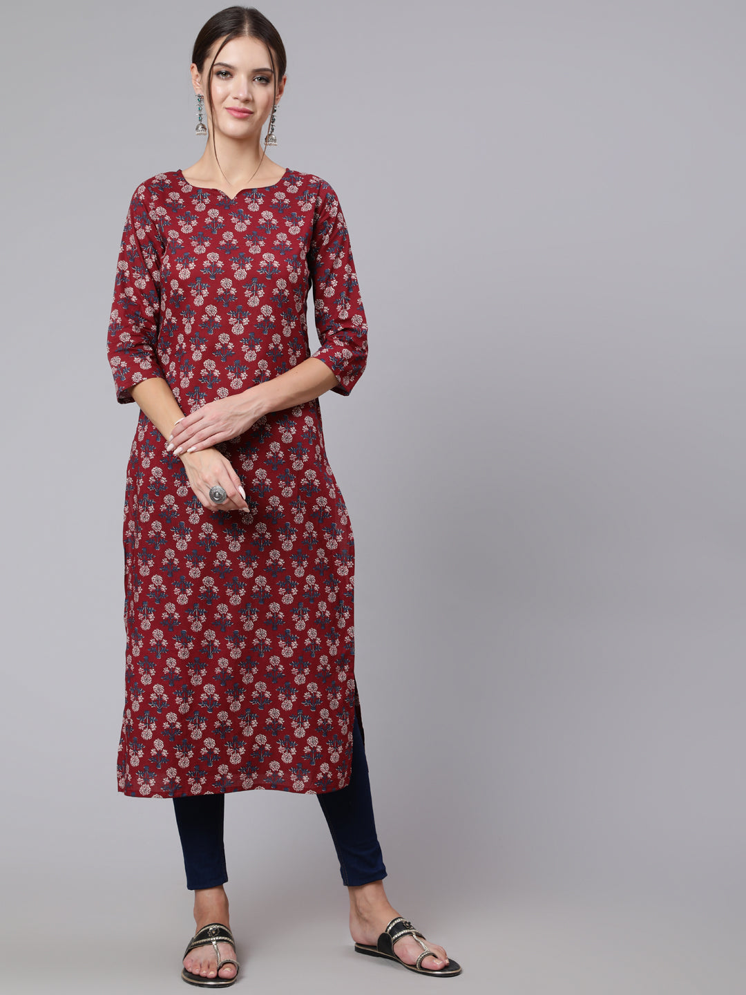 Women  Burgundy Printed Straight Kurta With Three Quarter Sleeves | LASVINI - Redefining Indian Fashion with Elegance
