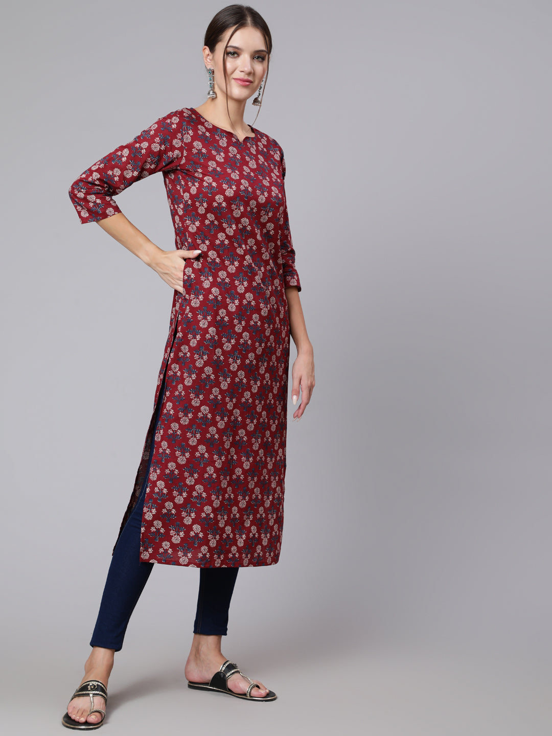 Women  Burgundy Printed Straight Kurta With Three Quarter Sleeves | LASVINI - Redefining Indian Fashion with Elegance