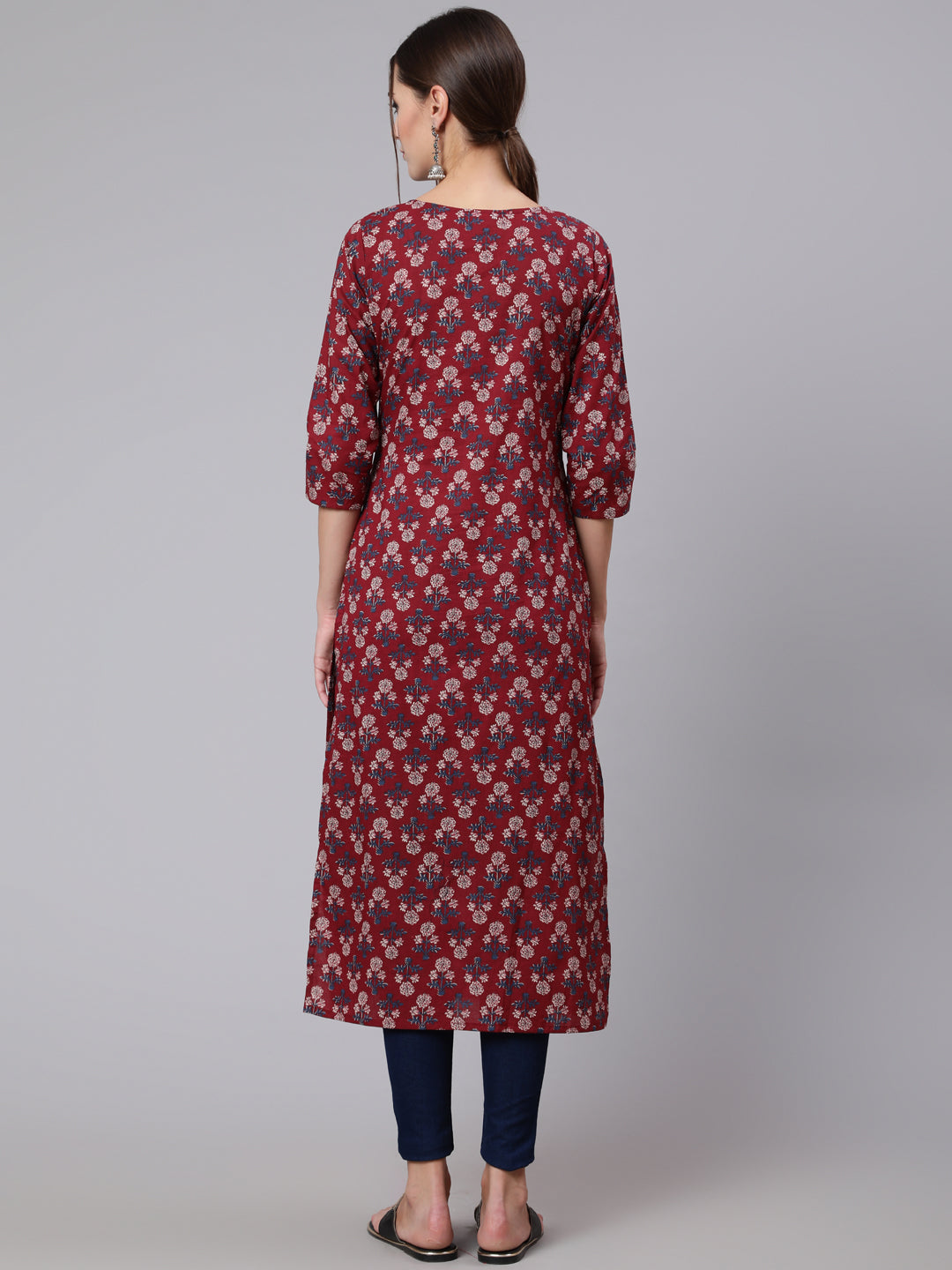 Women  Burgundy Printed Straight Kurta With Three Quarter Sleeves | LASVINI - Redefining Indian Fashion with Elegance
