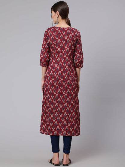Women  Burgundy Printed Straight Kurta With Three Quarter Sleeves | LASVINI - Redefining Indian Fashion with Elegance