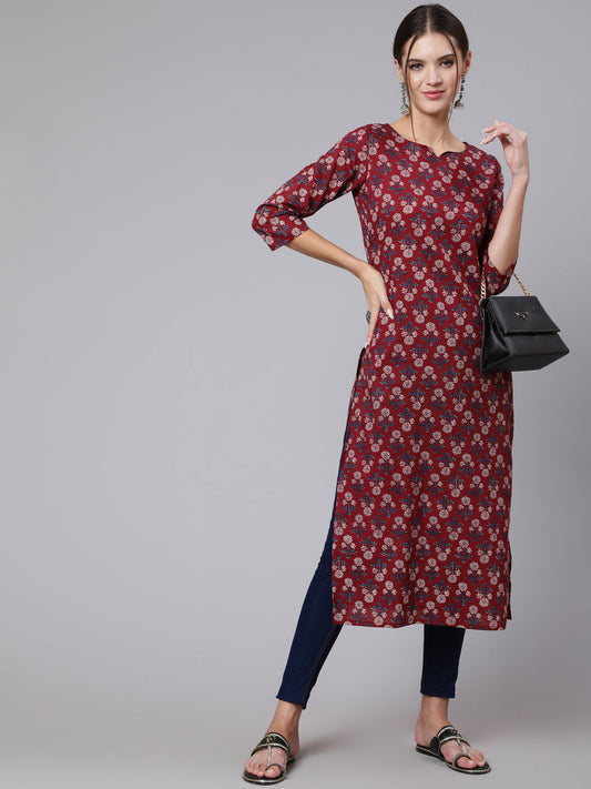 Women  Burgundy Printed Straight Kurta With Three Quarter Sleeves | LASVINI - Redefining Indian Fashion with Elegance