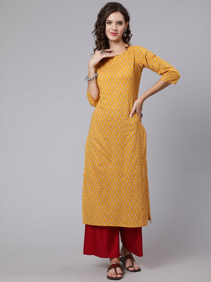 Women Yellow Ethnic Printed Straight Kurta With Three Quarter Sleeves | LASVINI - Redefining Indian Fashion with Elegance