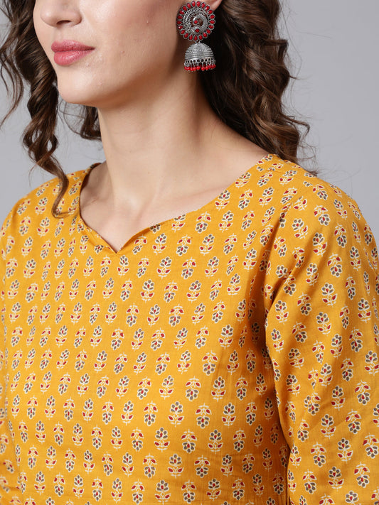 Women Yellow Ethnic Printed Straight Kurta With Three Quarter Sleeves | LASVINI - Redefining Indian Fashion with Elegance