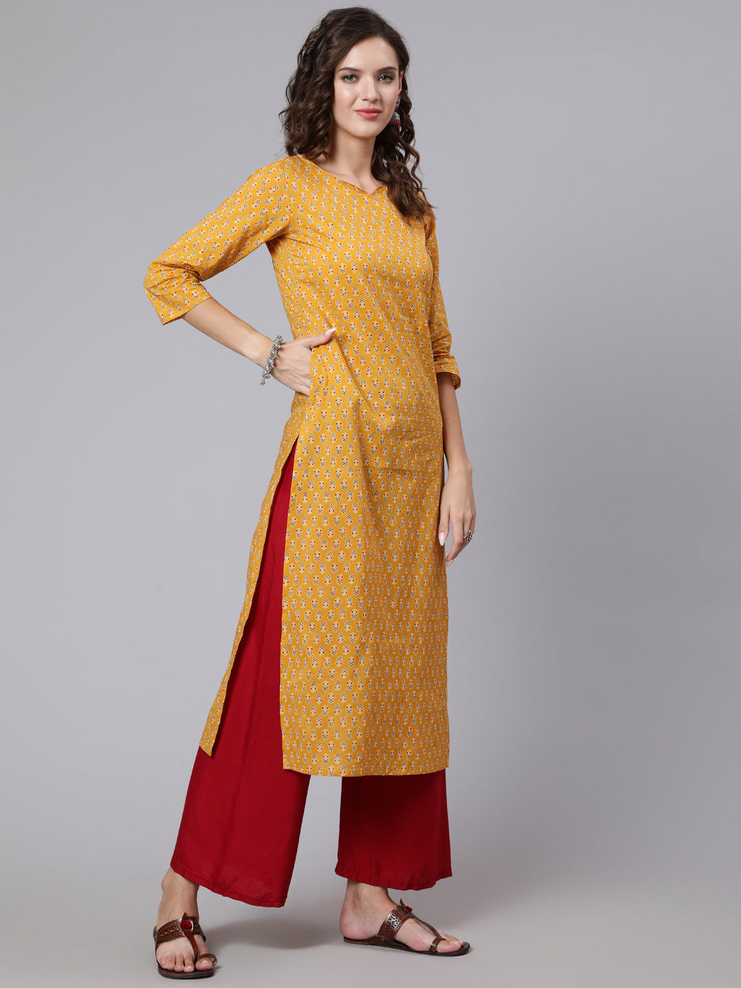 Women Yellow Ethnic Printed Straight Kurta With Three Quarter Sleeves | LASVINI - Redefining Indian Fashion with Elegance