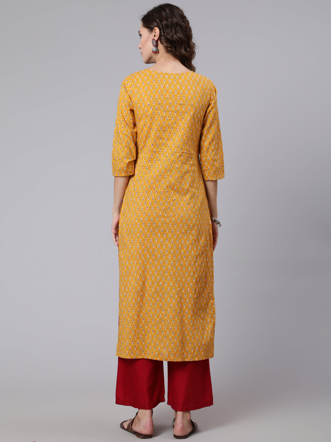 Women Yellow Ethnic Printed Straight Kurta With Three Quarter Sleeves | LASVINI - Redefining Indian Fashion with Elegance