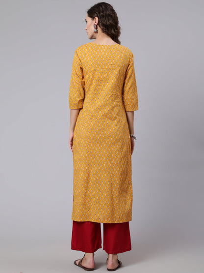 Women Yellow Ethnic Printed Straight Kurta With Three Quarter Sleeves | LASVINI - Redefining Indian Fashion with Elegance