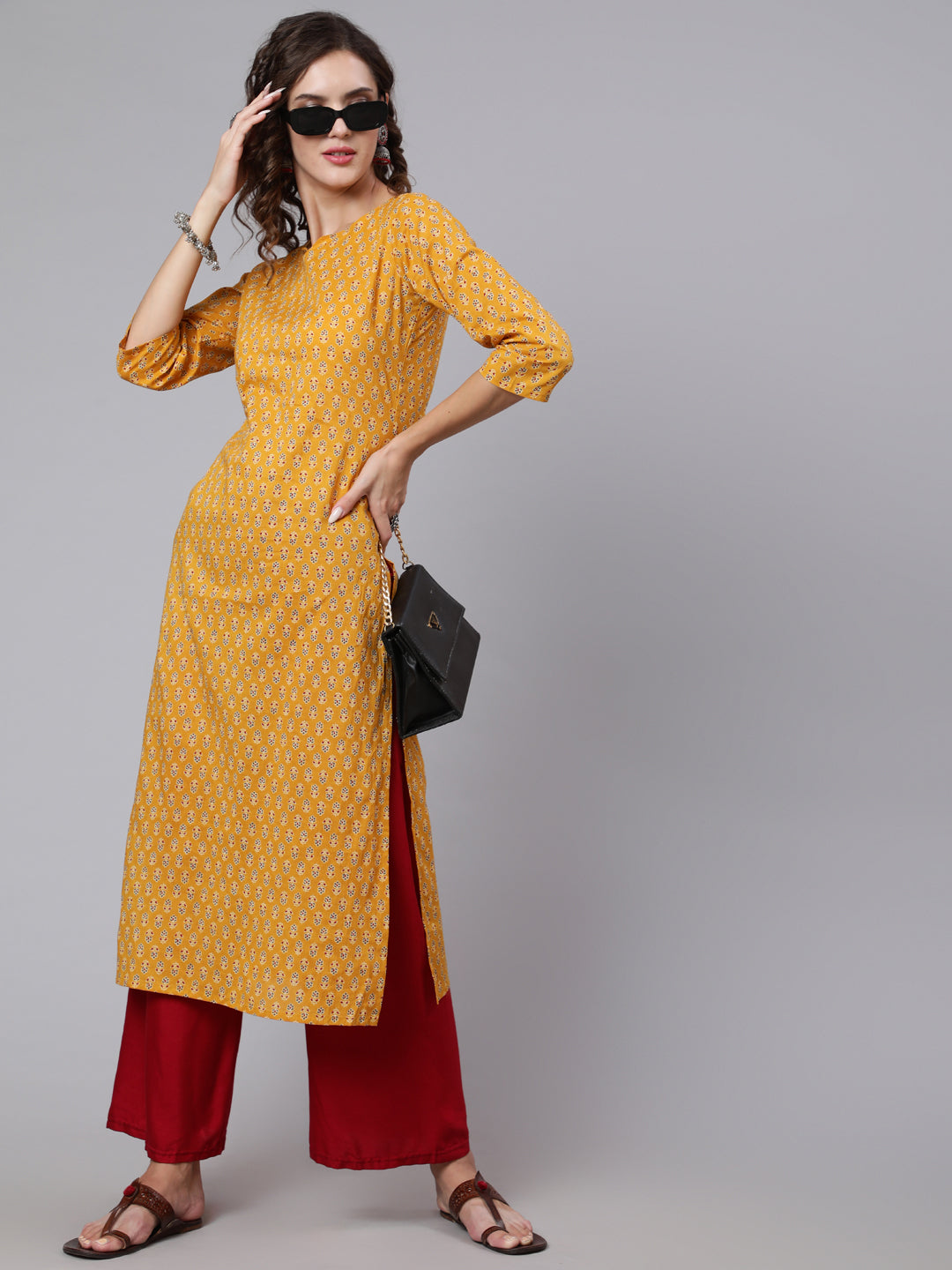 Women Yellow Ethnic Printed Straight Kurta With Three Quarter Sleeves | LASVINI - Redefining Indian Fashion with Elegance