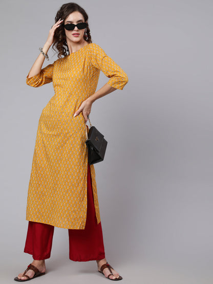 Women Yellow Ethnic Printed Straight Kurta With Three Quarter Sleeves | LASVINI - Redefining Indian Fashion with Elegance