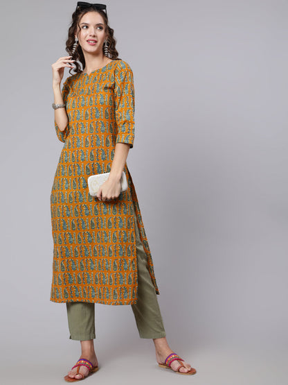 Women Yellow Ethnic Printed Straight Kurta With Three Quarter Sleeves | LASVINI - Redefining Indian Fashion with Elegance