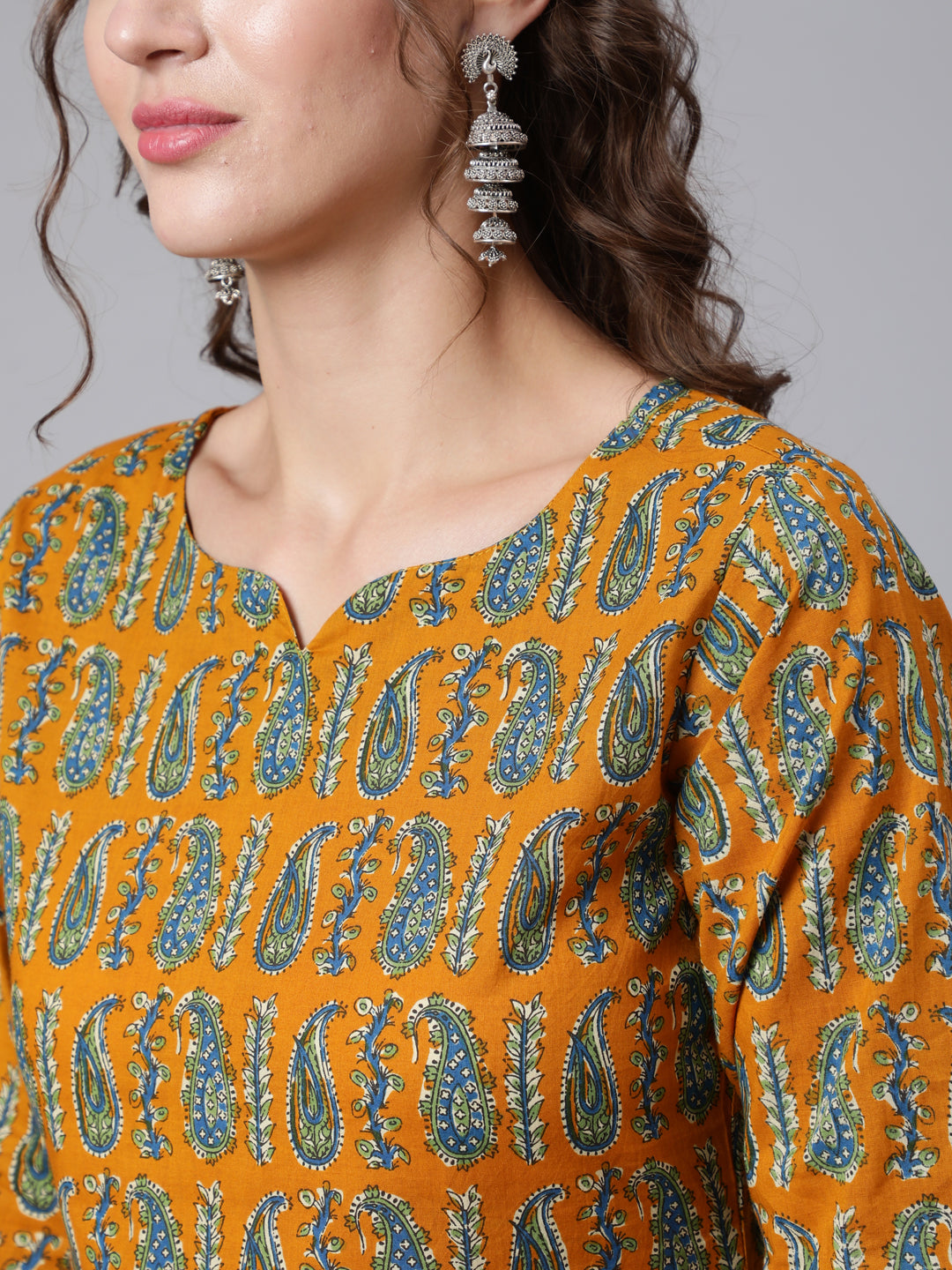 Women Yellow Ethnic Printed Straight Kurta With Three Quarter Sleeves | LASVINI - Redefining Indian Fashion with Elegance