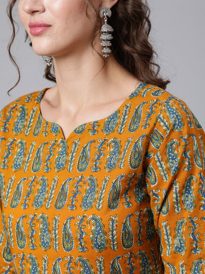 Women Yellow Ethnic Printed Straight Kurta With Three Quarter Sleeves | LASVINI - Redefining Indian Fashion with Elegance