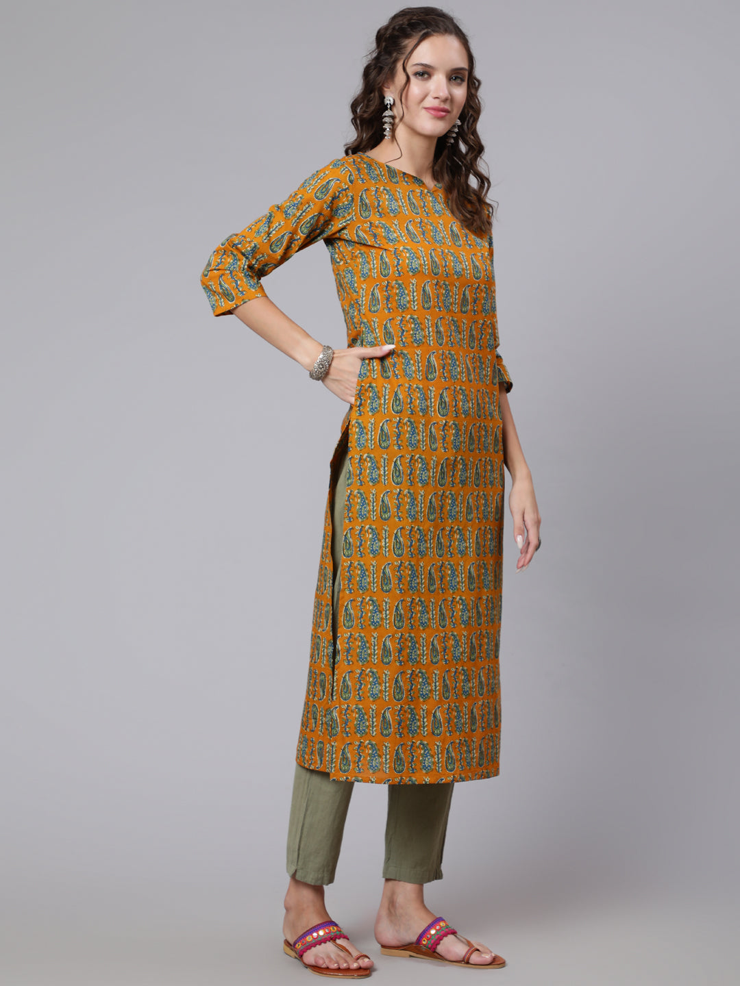 Women Yellow Ethnic Printed Straight Kurta With Three Quarter Sleeves | LASVINI - Redefining Indian Fashion with Elegance