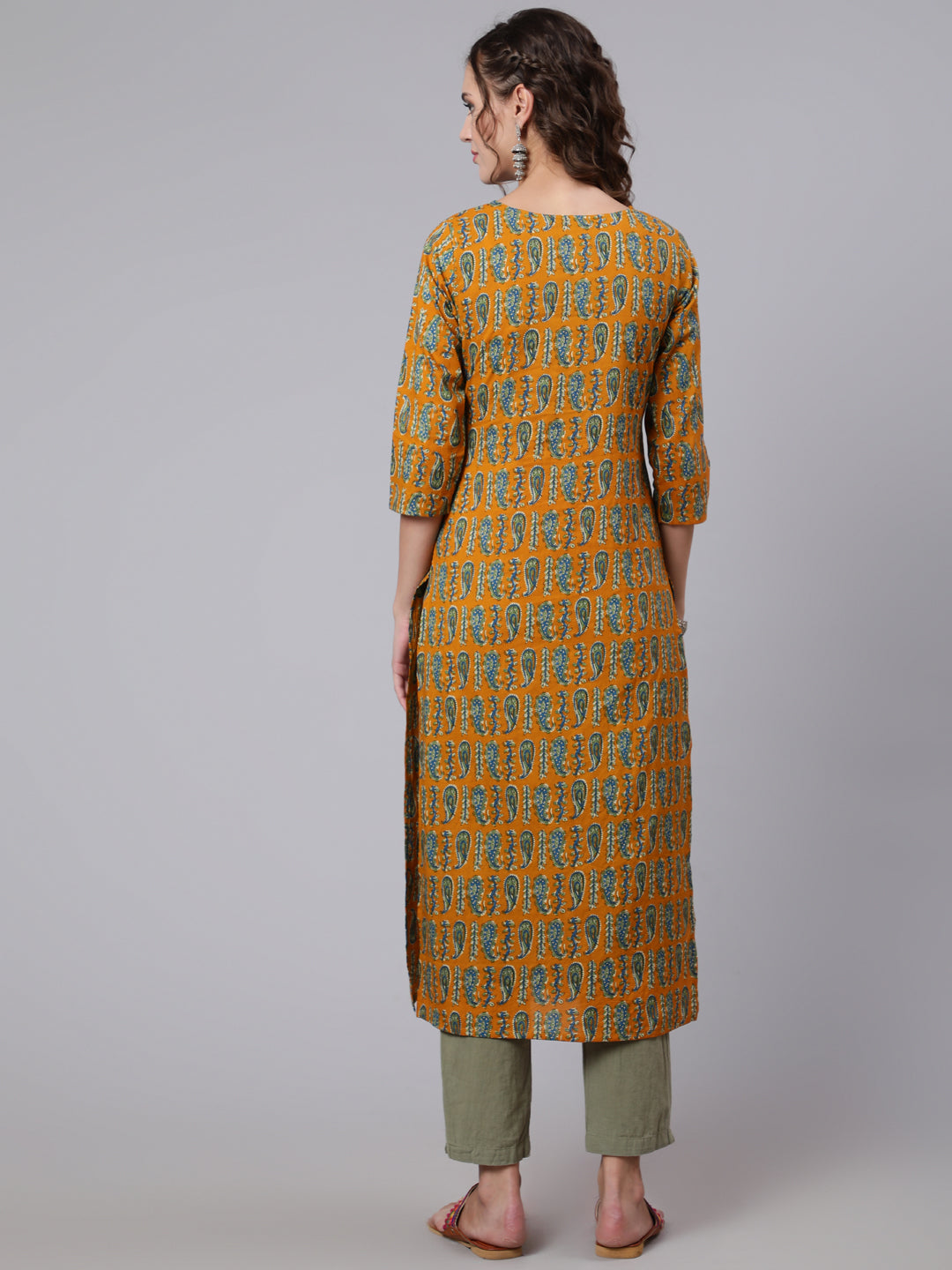 Women Yellow Ethnic Printed Straight Kurta With Three Quarter Sleeves | LASVINI - Redefining Indian Fashion with Elegance