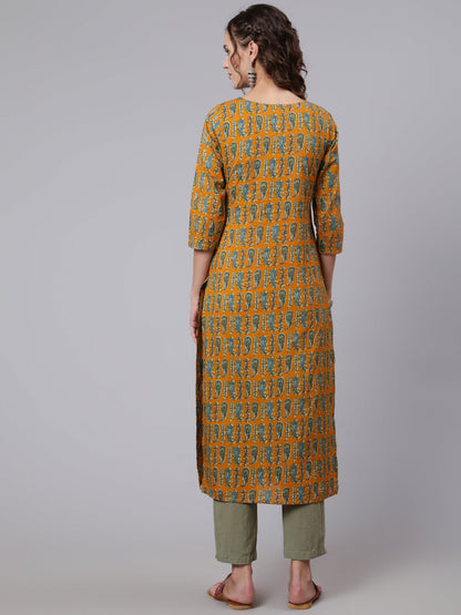 Women Yellow Ethnic Printed Straight Kurta With Three Quarter Sleeves | LASVINI - Redefining Indian Fashion with Elegance