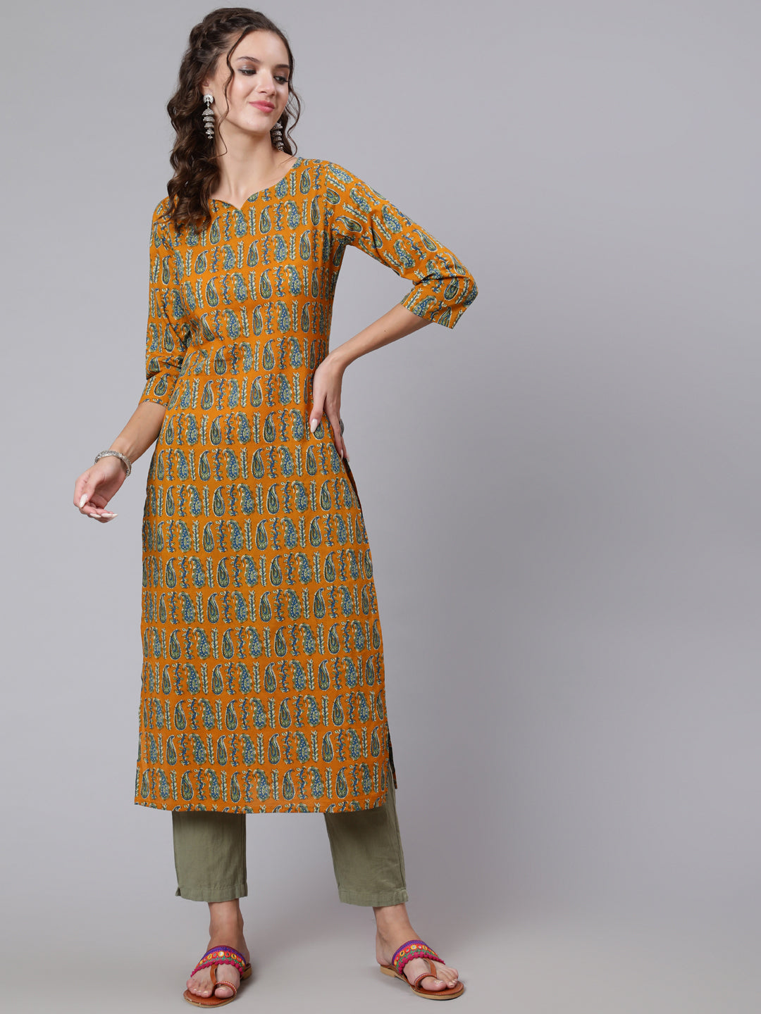 Women Yellow Ethnic Printed Straight Kurta With Three Quarter Sleeves | LASVINI - Redefining Indian Fashion with Elegance