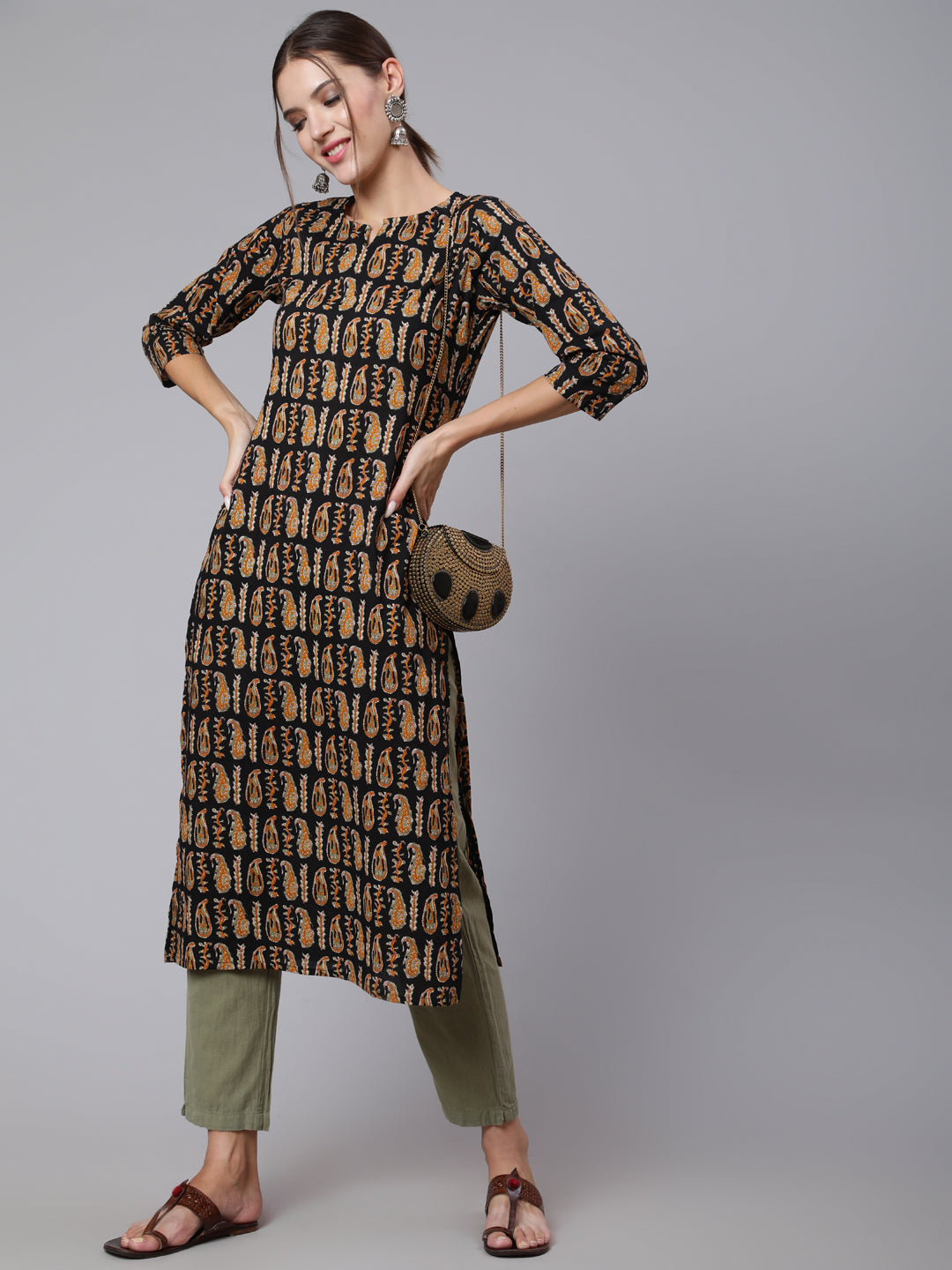 Women Black Printed Straight Kurta With Three Quarter Sleeves | LASVINI - Redefining Indian Fashion with Elegance